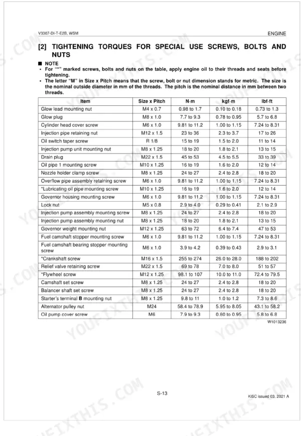 Kubota V3307-DI-T-E2B engine service manual table of tightening torques for special use screws, bolts, and nuts.