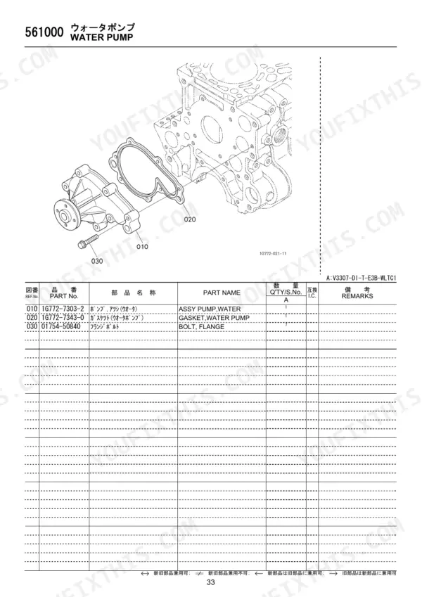 Kubota V3307-DI-T-E3B-WLTC1 water pump exploded view diagram and parts list including pump, gasket, and flange bolts.