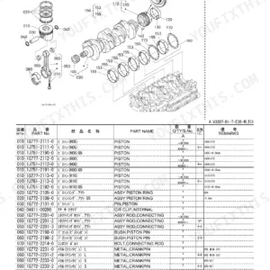 Kubota V3307-DI-T-E3B-WLTC1 exploded view diagram and parts list for piston and crankshaft assembly components.