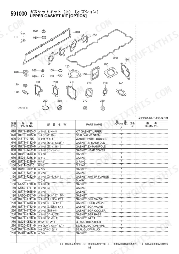 Kubota V3307-DI-T-E3B-WLTC1 exploded view and parts list for the optional upper gasket kit components.