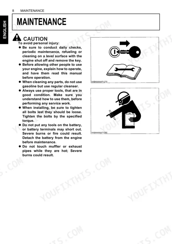 Kubota V3600-E3, V3600-T-E3, V3800-DI-T-E3, V3300-E3BG, V3600-T-E3BG, V3800-DI-T-E3BG maintenance safety caution procedures.