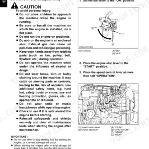 Kubota V3600-E3, V3600-T-E3, V3800-DI-T-E3, V3300-E3BG, V3600-T-E3BG, V3800-DI-T-E3BG engine starting procedure and safety.