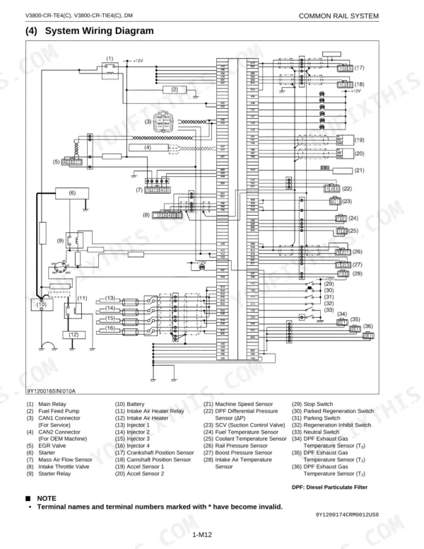 Kubota V3800-CR-TE4, V3800-CR-TIE4, V3800-CR-TE4C, V3800-CR-TIE4C common rail system electrical wiring diagram and legend.