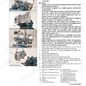 Kubota V3800-CR-TE4, V3800-CR-TIE4, V3800-CR-TE4C, V3800-CR-TIE4C DPF muffler assembly removal and installation procedure.