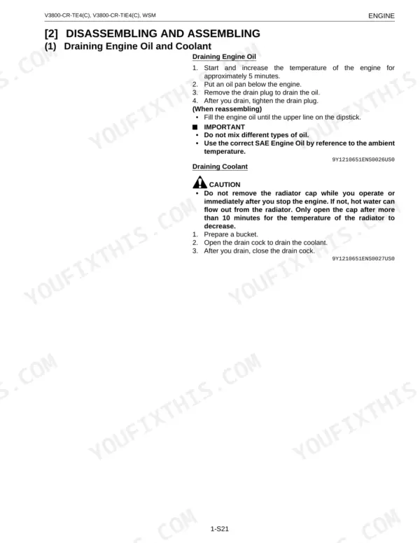 Kubota V3800-CR-TE4, V3800-CR-TIE4, V3800-CR-TE4C, V3800-CR-TIE4C service manual procedures for draining engine oil and coolant.