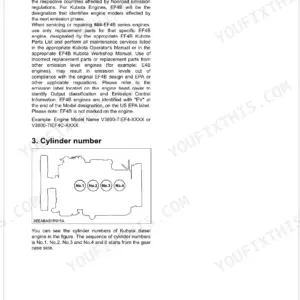 Kubota V3800-TIEF4, V3800-TIEF4C, V3800-TIEF4H engine identification guide showing cylinder numbering diagram.