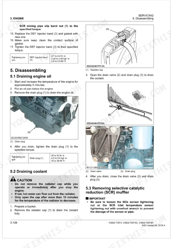 Kubota V3800-TIEF4, V3800-TIEF4C, V3800-TIEF4H procedures for draining engine oil, coolant, and SCR muffler removal.