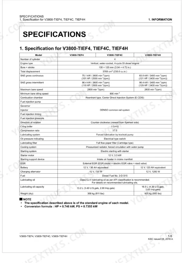 Kubota V3800-TIEF4, V3800-TIEF4C, V3800-TIEF4H engine specifications table including bore, stroke, and displacement data.