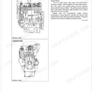 Kubota V3800DI-E2B, V3800DI-T-E2B engine feature diagrams showing cross-section views of the diesel engine components.