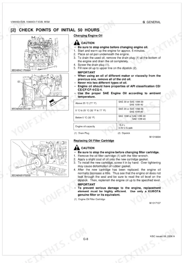 Kubota V3800DI-E2B, V3800DI-T-E2B engine oil change and oil filter replacement procedures with capacity table.