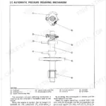 Kubota W5019, W5021... series engine automatic pressure relieving mechanism diagram showing camshaft and fly weight components.