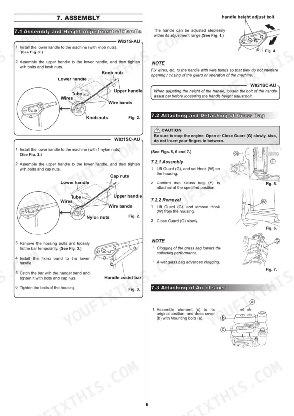 Kubota W821S-AU, W821SC-AU assembly guide for handle, grass bag, and air cleaner components with diagrams.