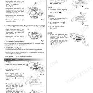 Kubota W821S-AU, W821SC-AU operation manual page showing engine inspection, refueling, and starting procedures.