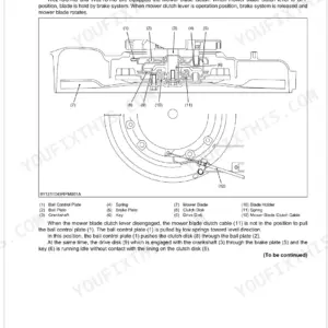 Kubota W821SC-AU, W821S-AU, W819P-AU mower blade clutch mechanism diagram, components, and braking operation description.