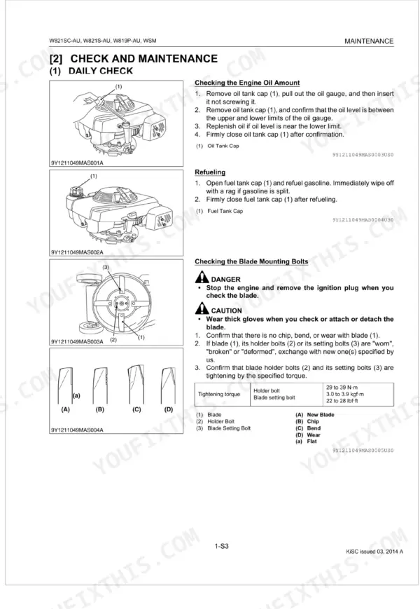 Kubota W821SC-AU, W821S-AU, W819P-AU daily check procedures for engine oil, refueling, and blade bolt torque specs.