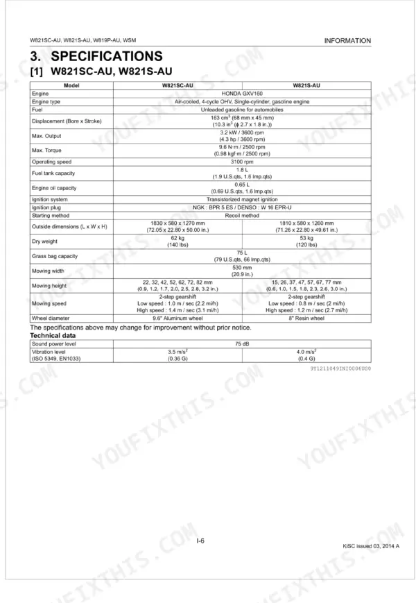 Kubota W821SC-AU, W821S-AU, W819P-AU technical specifications table for engine, dimensions, and mowing performance.