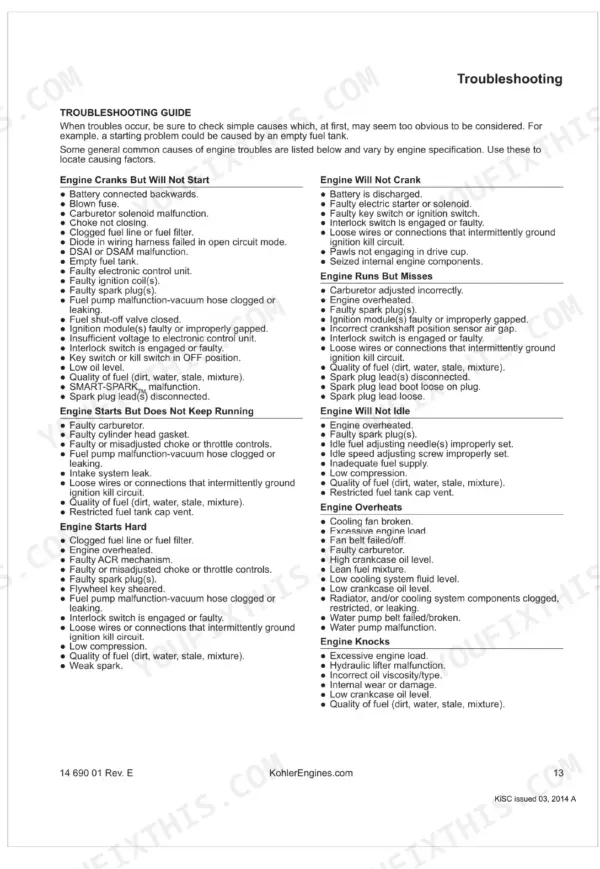 Kubota W821SC-AU, W821S-AU, W819P-AU engine troubleshooting guide listing causes for starting and running issues.