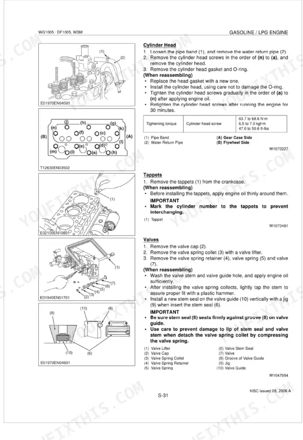 Kubota WG1005, DF1005 cylinder head, tappet, and valve removal and assembly procedures with torque specifications.