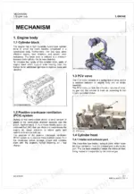 Kubota WG1605-E3 engine manual showing cylinder block, PCV system diagram, and PCV valve component location.