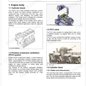 Kubota WG1605-E3 engine manual showing cylinder block, PCV system diagram, and PCV valve component location.
