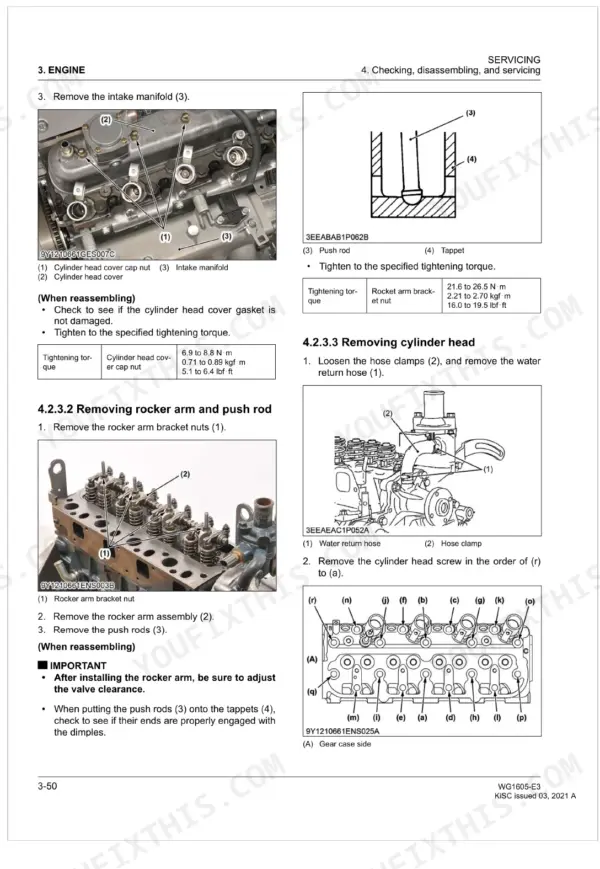 Kubota WG1605-E3 service manual: intake manifold, rocker arm, push rod, and cylinder head removal procedures with torque specs.