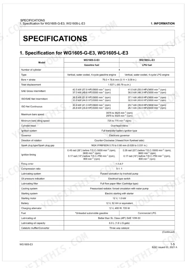 Kubota WG1605-E3 engine specifications table for gasoline and LPG models, including bore, stroke, and ignition timing.