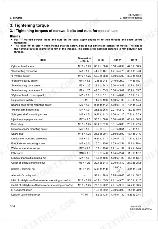 Kubota WG1605-E3 engine service manual table listing tightening torque specifications for various bolts, screws, and nuts.