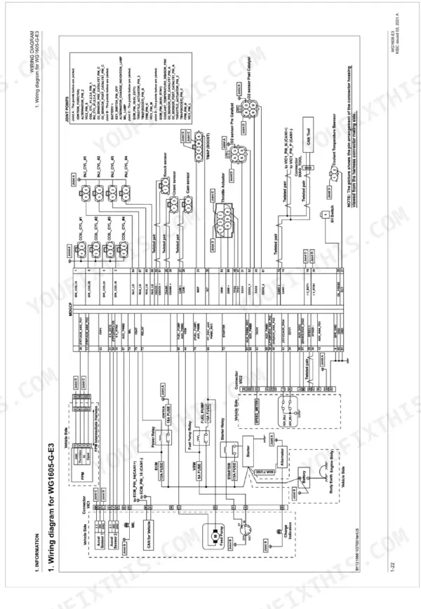 Kubota WG1605-E3 engine wiring diagram showing MDGCP, sensors, relays, fuses, and connector pinouts for electrical system.