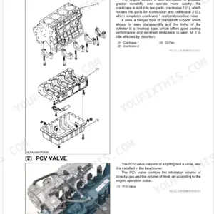 Kubota WG3800-E3, WG3800-E3C cylinder block exploded view, crankcase assembly diagram, and PCV valve location photo.