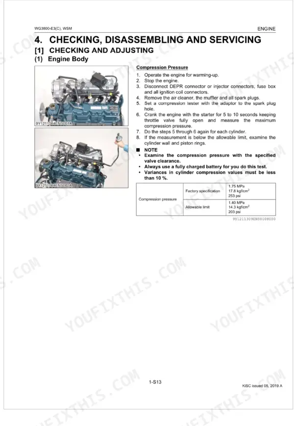 Kubota WG3800-E3, WG3800-E3C engine compression pressure testing procedure, specifications table, and diagnostic photos.