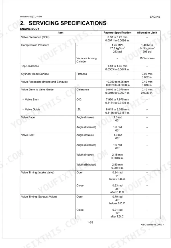 Kubota WG3800-E3, WG3800-E3C engine body servicing specifications table for valve clearance, compression, and timing.