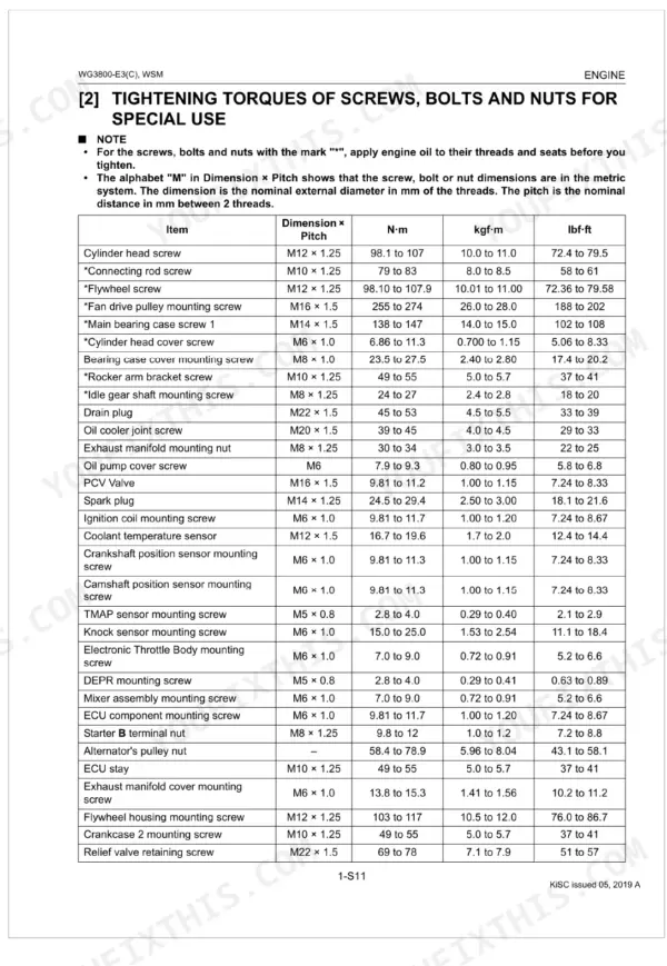 Kubota WG3800-E3, WG3800-E3C engine service manual table of tightening torques for special screws, bolts, and nuts.