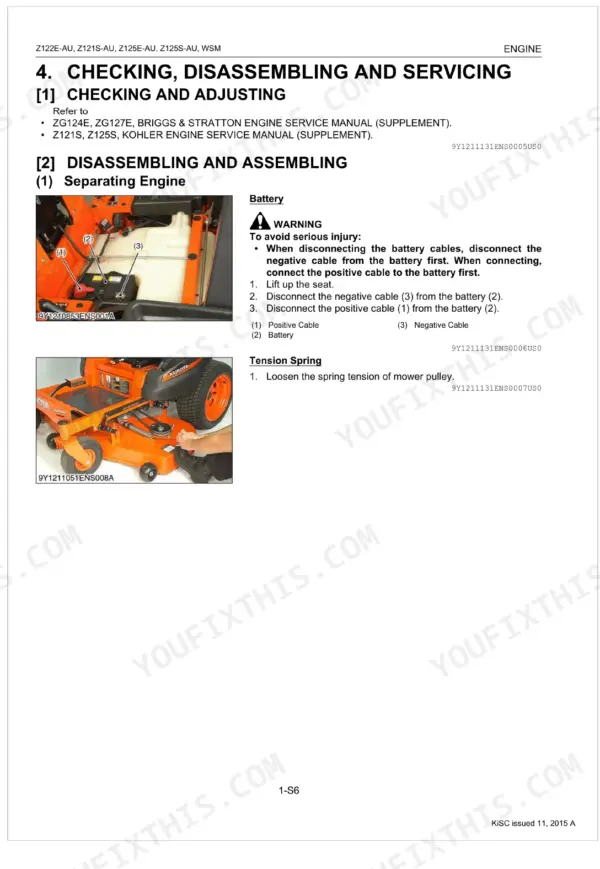 Kubota Z122E-AU, Z121S-AU, Z125E-AU, Z125S-AU engine separation procedure, battery cable disconnection, and mower pulley tension.