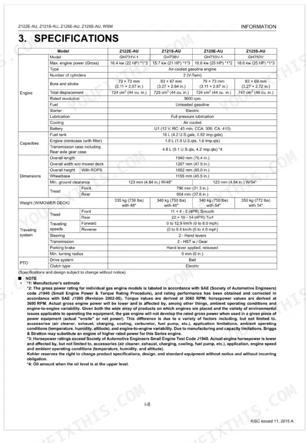Kubota Z122E-AU, Z121S-AU, Z125E-AU, Z125S-AU technical specifications table for engine, dimensions, and traveling system.