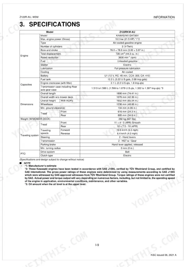 Kubota Z122R-AU, Z122RKW-AU technical specifications table including engine, capacities, dimensions, and traveling system data.