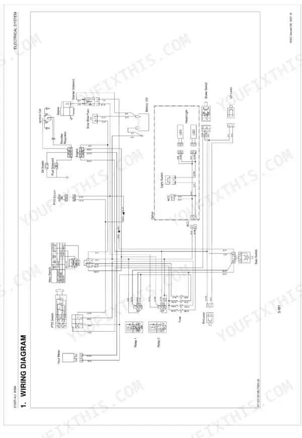 Kubota Z122R-AU, Z122RKW-AU electrical system wiring diagram showing battery, ignition, PTO switch, and relay connections.