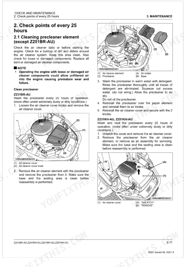 Kubota Z231BR-AU, Z231KH-AU, Z251BR-AU, Z251KH-AU maintenance manual page showing air cleaner precleaner cleaning procedures.