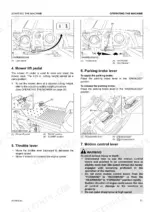 Kubota Z231KW-AU operating instructions for light switch, throttle lever, mower lift pedal, and parking brake lever.