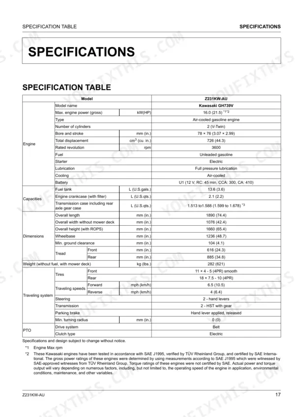 Kubota Z231KW-AU specification table listing engine, capacity, dimension, weight, and traveling system data.