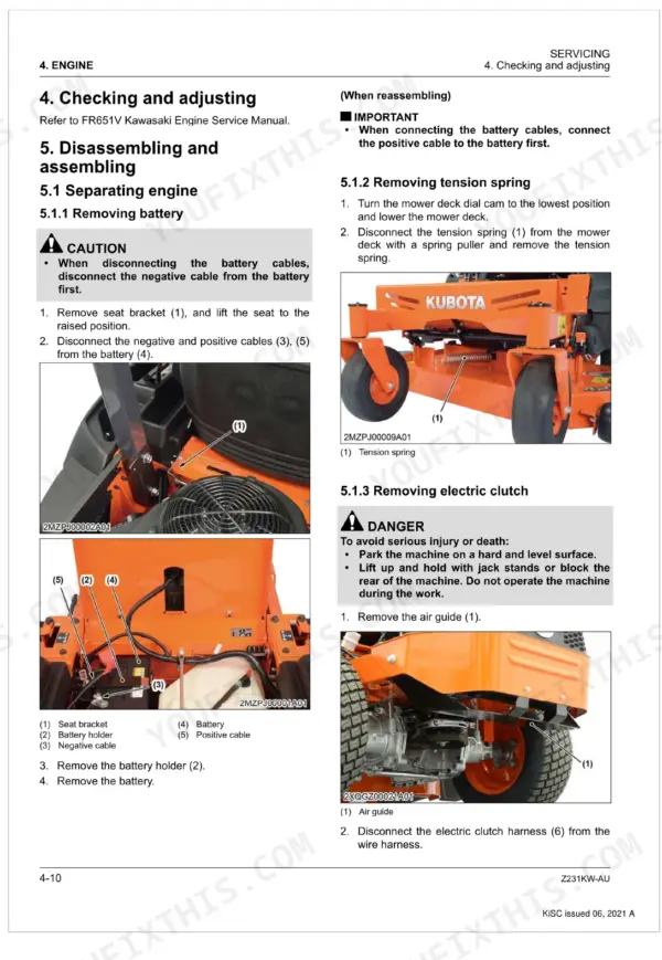 Kubota Z231KW-AU procedures for removing battery, mower deck tension spring, and electric clutch air guide.