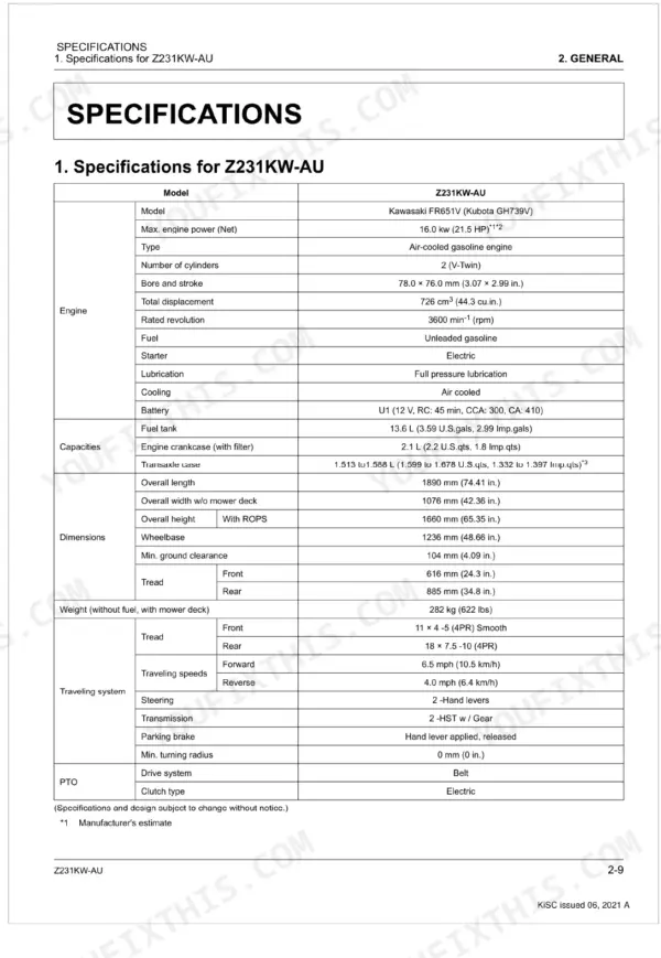 Kubota Z231KW-AU technical specifications table including engine, capacities, dimensions, weight, and traveling system data.
