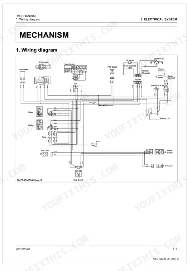Kubota Z231KW-AU electrical system wiring diagram showing switches, relays, battery, and engine components.