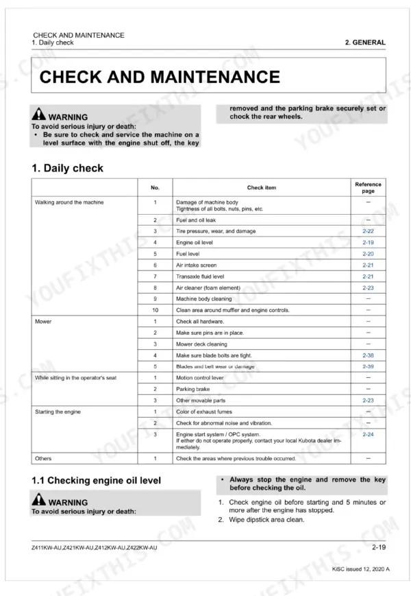 Kubota Z411KW-AU, Z421KW-AU, Z412KW-AU, Z422KW-AU daily check maintenance table and engine oil level procedure.