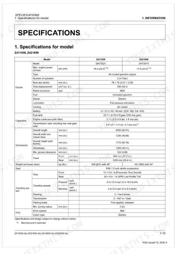 Kubota Z411KW-AU, Z421KW-AU, Z412KW-AU, Z422KW-AU technical specifications table for engine, dimensions, and capacities.