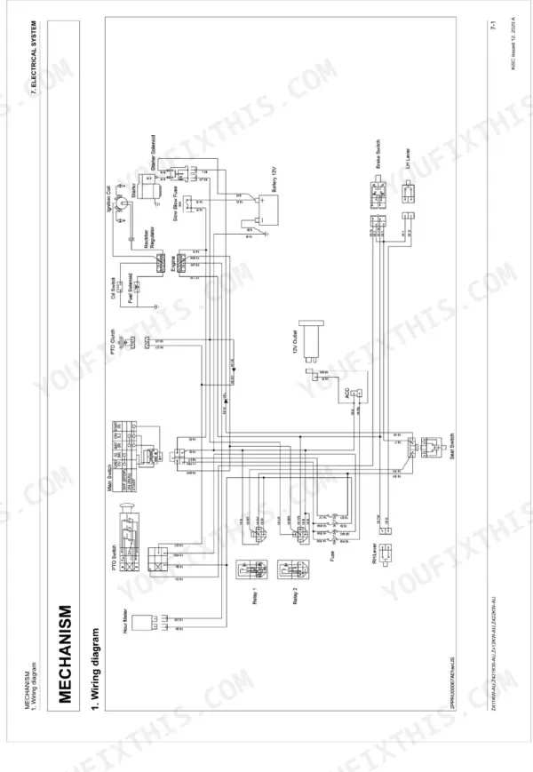 Kubota Z411KW-AU, Z421KW-AU, Z412KW-AU, Z422KW-AU electrical system wiring diagram showing battery, switches, and relays.
