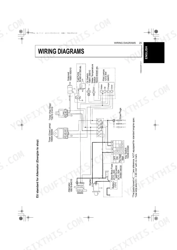 Kubota Z482-E, Z602-E, D662-E, D722-E, D782-E, D902-E wiring diagram for EU standard alternator energize to stop system.