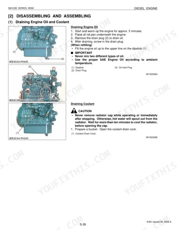 Kubota Z482-E2B, Z602-E2B, D662-E2B, D722-E2B, D782-E2B, D902-E2B engine oil and coolant draining procedure manual page.