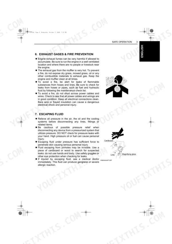 Kubota Z482-E4, Z602-E4, D722-E4, D782-E4, D902-E4, D902-T-E4 safety manual page on exhaust gases, fire prevention, and fluid leaks.