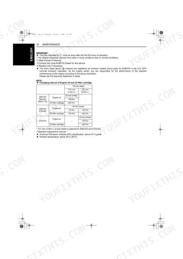 Kubota Z482-E4, Z602-E4, D722-E4, D782-E4, D902-E4, D902-T-E4 maintenance table for engine oil and filter change intervals.