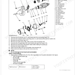Kubota Z482-E4B, Z602-E4B, D722-E4B, D782-E4B, D902-E4B starter exploded view, disassembly steps, and torque specs.